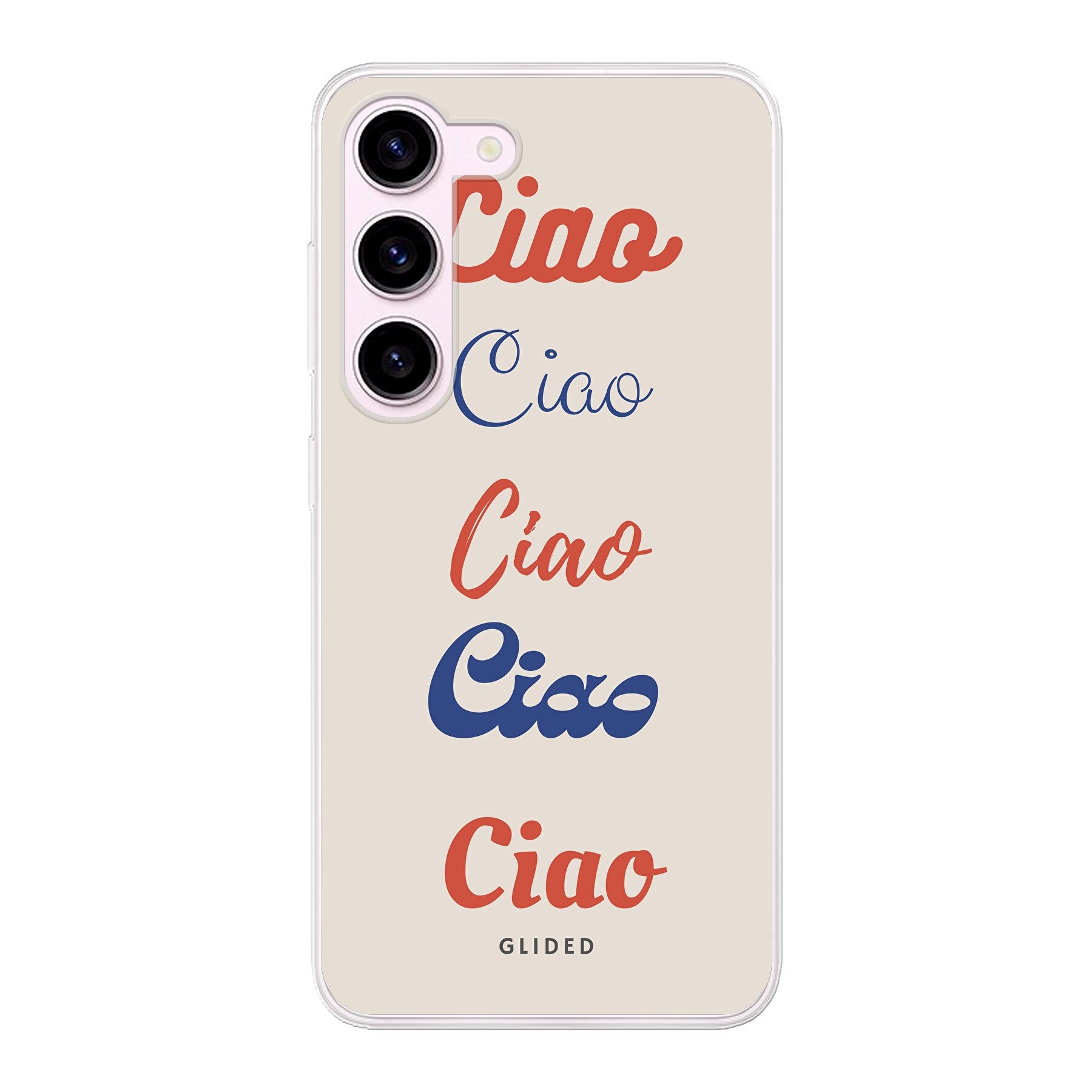 Ciao Handyhülle für Samsung Galaxy S23 mit buntem Design und dem Schriftzug 'Ciao' in verschiedenen Schriftarten.